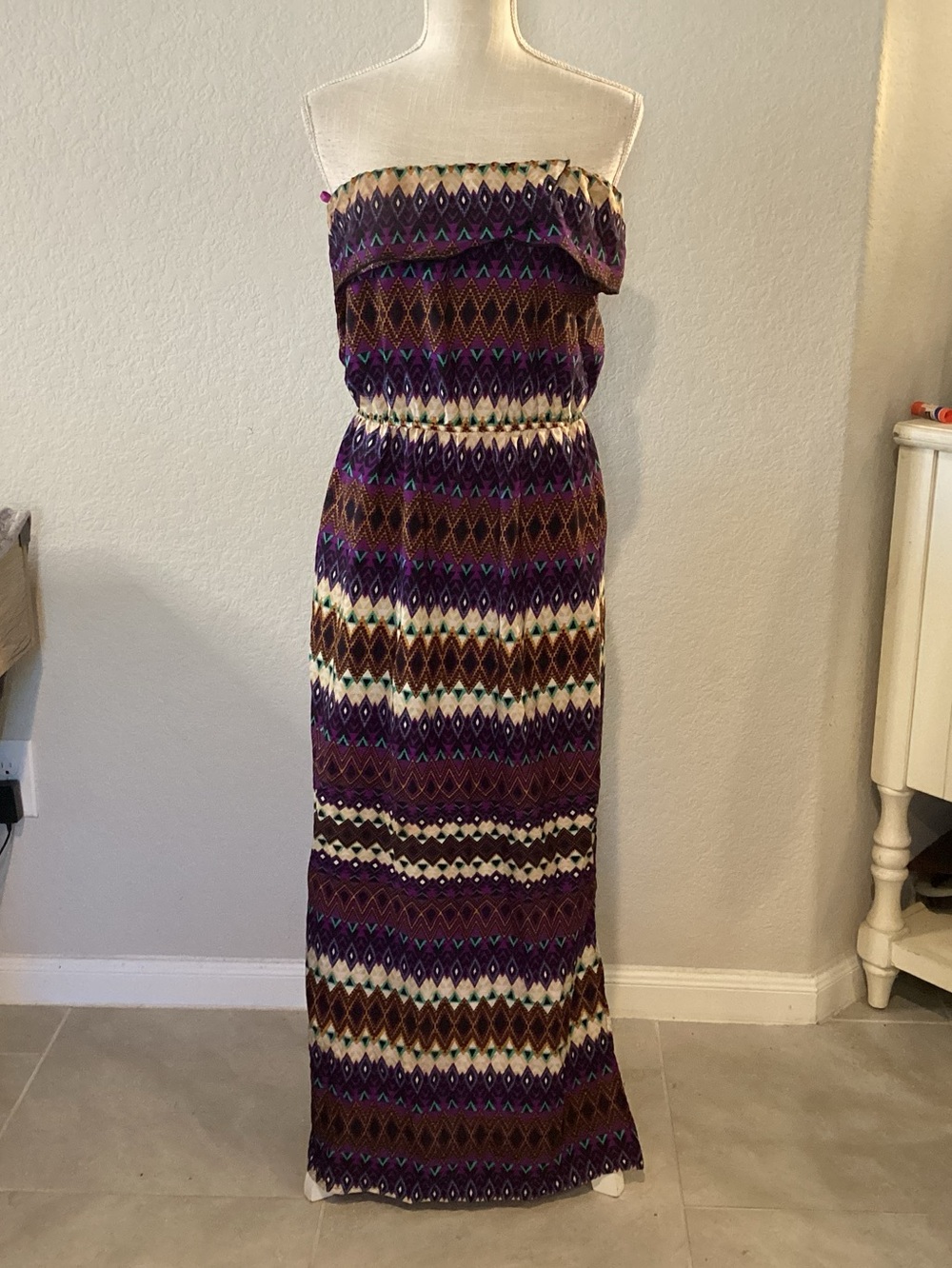 Strapless Purple Patterned Maxi Dress